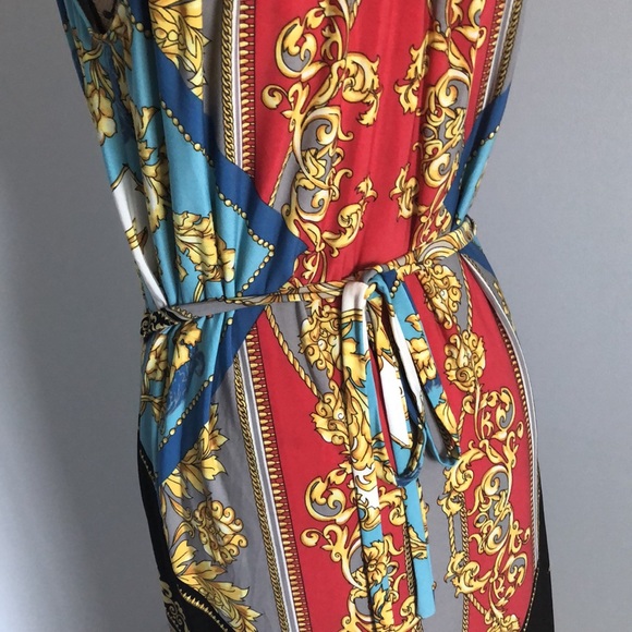 Roz & Ali Printed Maxi Dress with attached gold chain belt Sz 4 - Picture 9 of 15